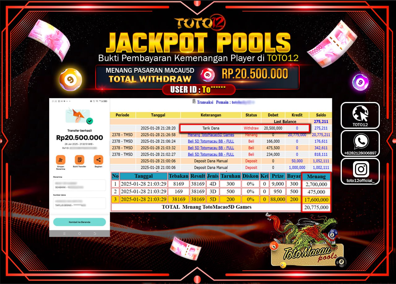 HANYA DI TOTO12 JP PASTI DI BAYAR LUNAS DAN CEPAT!!!!!! JACKPOT POOLS PASARAN (TOTO MACAU5D) Rp.20.500.000 !!!!