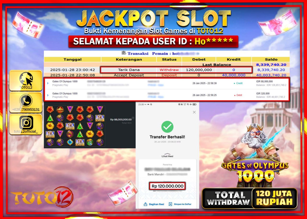 HANYA DI TOTO12 JP PASTI DI BAYAR LUNAS DAN CEPAT!!!!!! JACKPOT SLOT GAME (GATES OF OLYMPUS 1000) Rp.120.000.000 !!!!