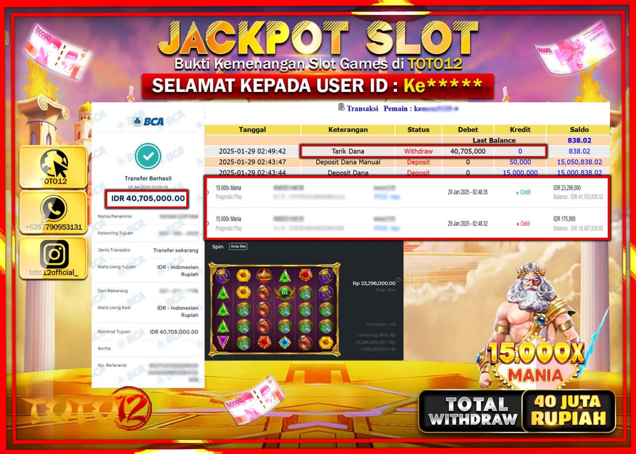 HANYA DI TOTO12 JP PASTI DI BAYAR LUNAS DAN CEPAT!!!!!! JACKPOT SLOT GAME (15.000X MANIA) Rp.40.000.000 !!!!