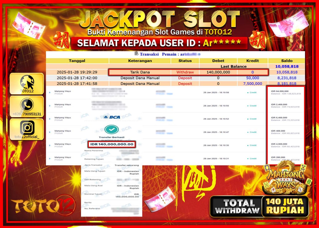 HANYA DI TOTO12 JP PASTI DI BAYAR LUNAS DAN CEPAT!!!!!! JACKPOT SLOT GAME (MAHJONG WAYS) Rp.140.000.000 !!!!