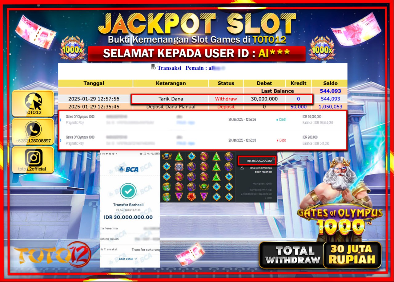 HANYA DI TOTO12 JP PASTI DI BAYAR LUNAS DAN CEPAT!!!!!! JACKPOT SLOT GAME (GATES OF OLYMPUS 1000) Rp.30.000.000 !!!!