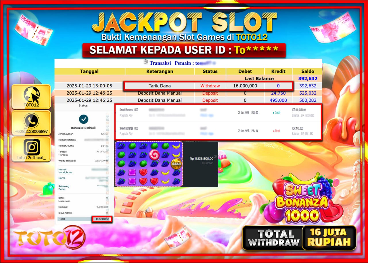 HANYA DI TOTO12 JP PASTI DI BAYAR LUNAS DAN CEPAT!!!!!! JACKPOT SLOT GAME (SWEET BONANZA 1000) Rp.16.000.000 !!!!