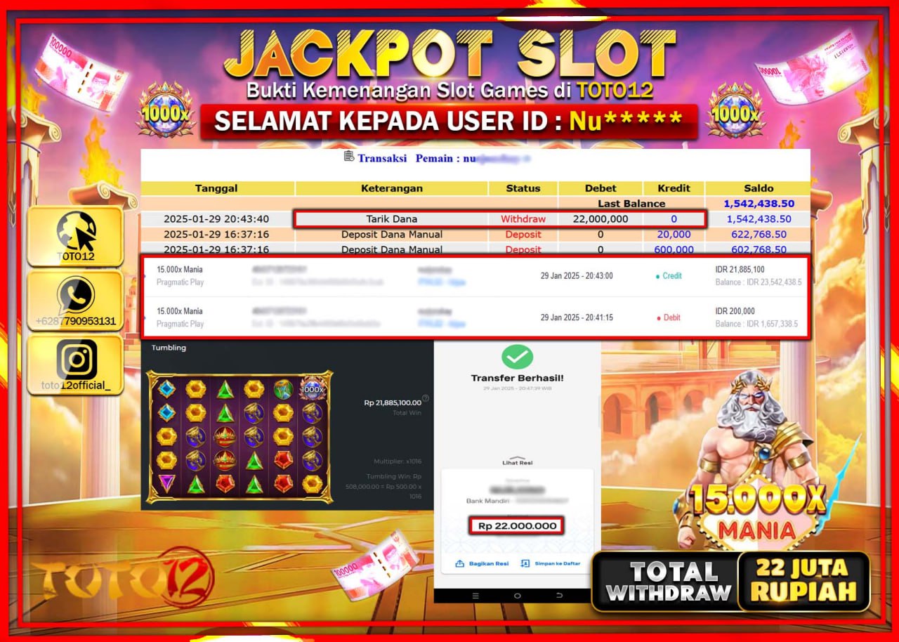 HANYA DI TOTO12 JP PASTI DI BAYAR LUNAS DAN CEPAT!!!!!! JACKPOT SLOT GAME (15.000X MANIA) Rp.22.000.000 !!!!
