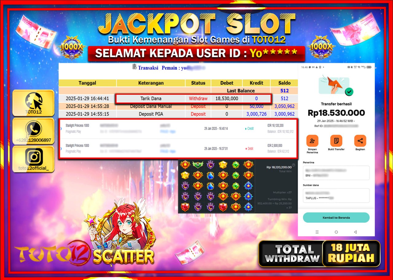 HANYA DI TOTO12 JP PASTI DI BAYAR LUNAS DAN CEPAT!!!!!! JACKPOT SLOT GAME (STARLIGHT PRINCESS 1000) Rp.18.000.000 !!!!