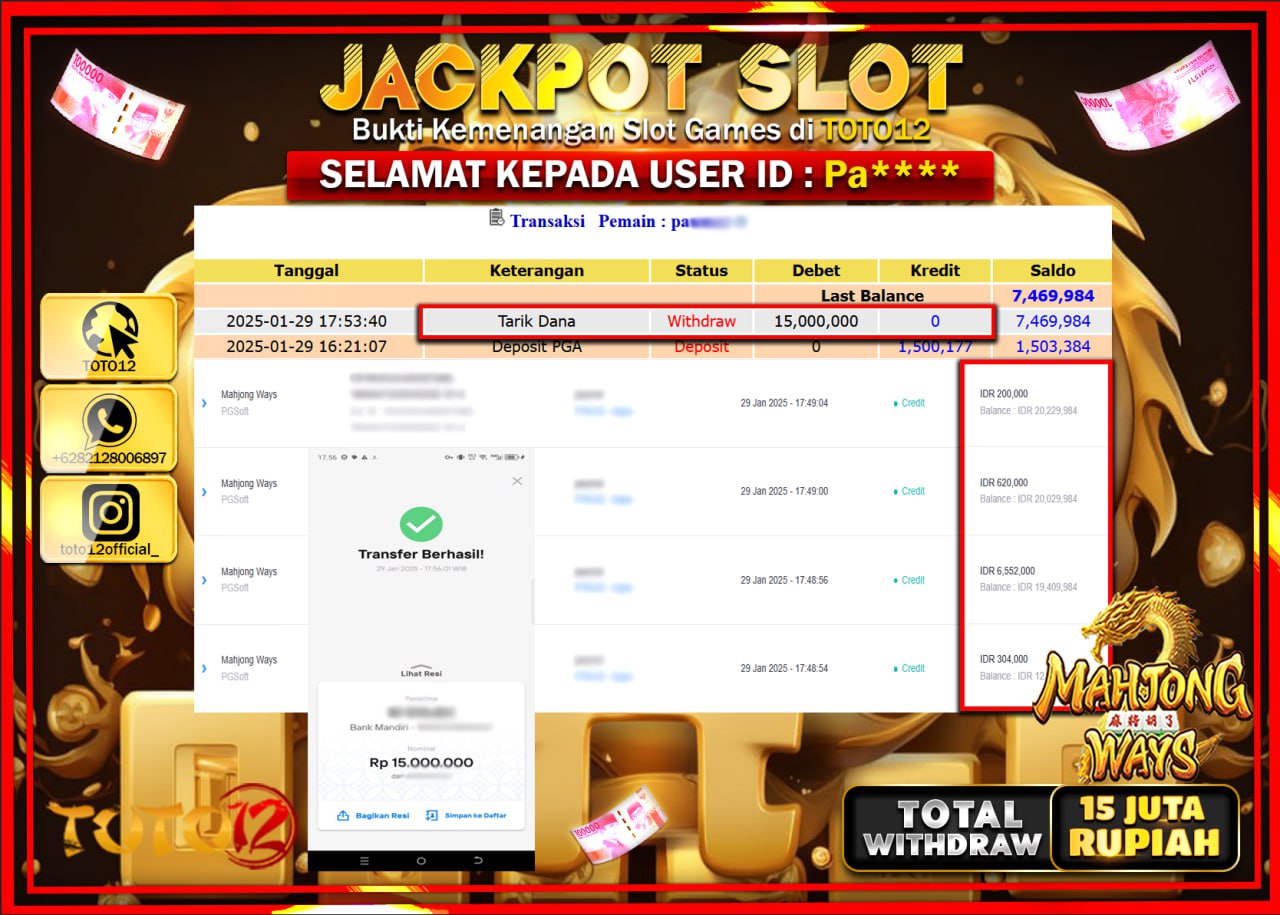 HANYA DI TOTO12 JP PASTI DI BAYAR LUNAS DAN CEPAT!!!!!! JACKPOT SLOT GAME (MAHJONG WAYS) Rp.15.000.000 !!!!