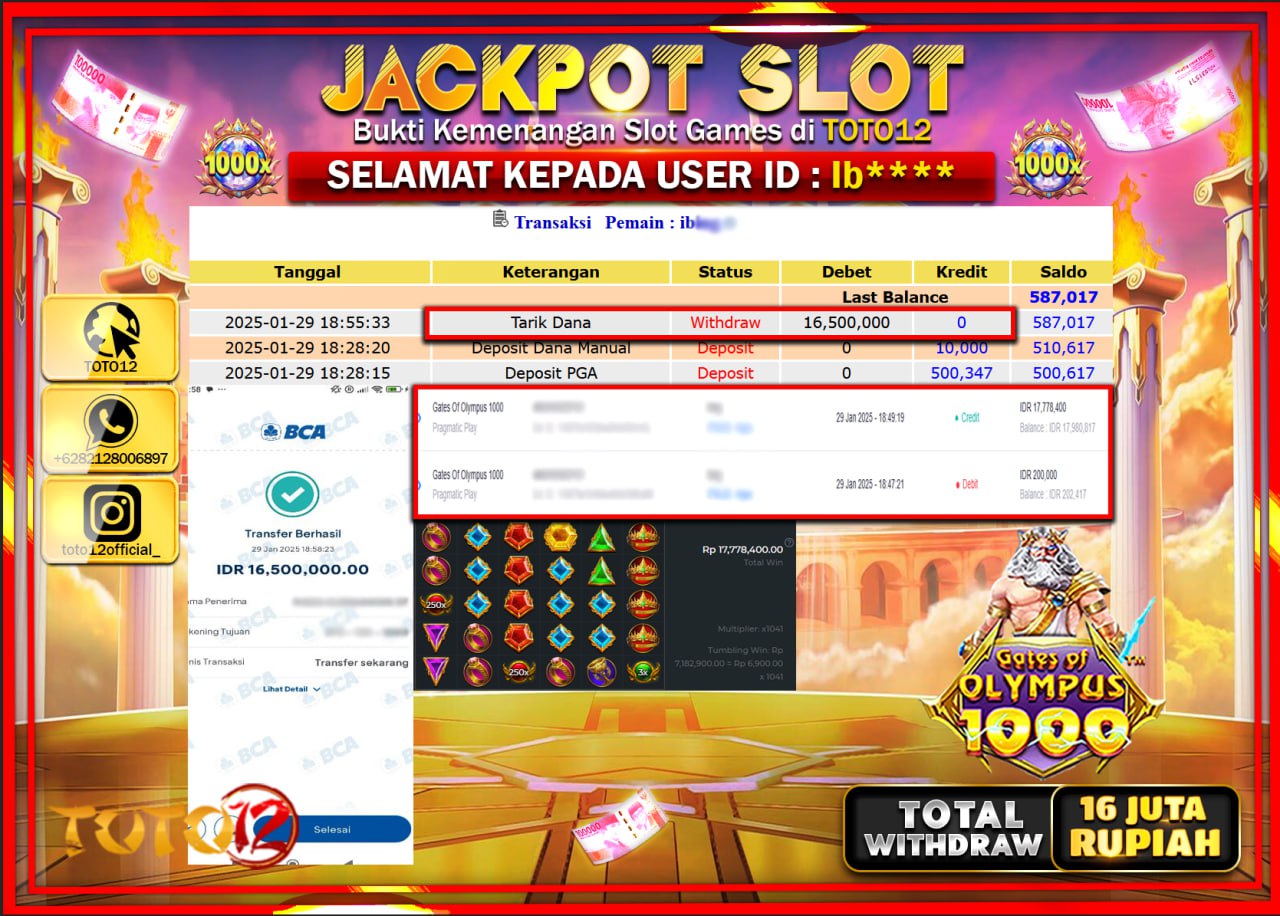 HANYA DI TOTO12 JP PASTI DI BAYAR LUNAS DAN CEPAT!!!!!! JACKPOT SLOT GAME (GATES OF OLYMPUS 1000) Rp.16.000.000 !!!!