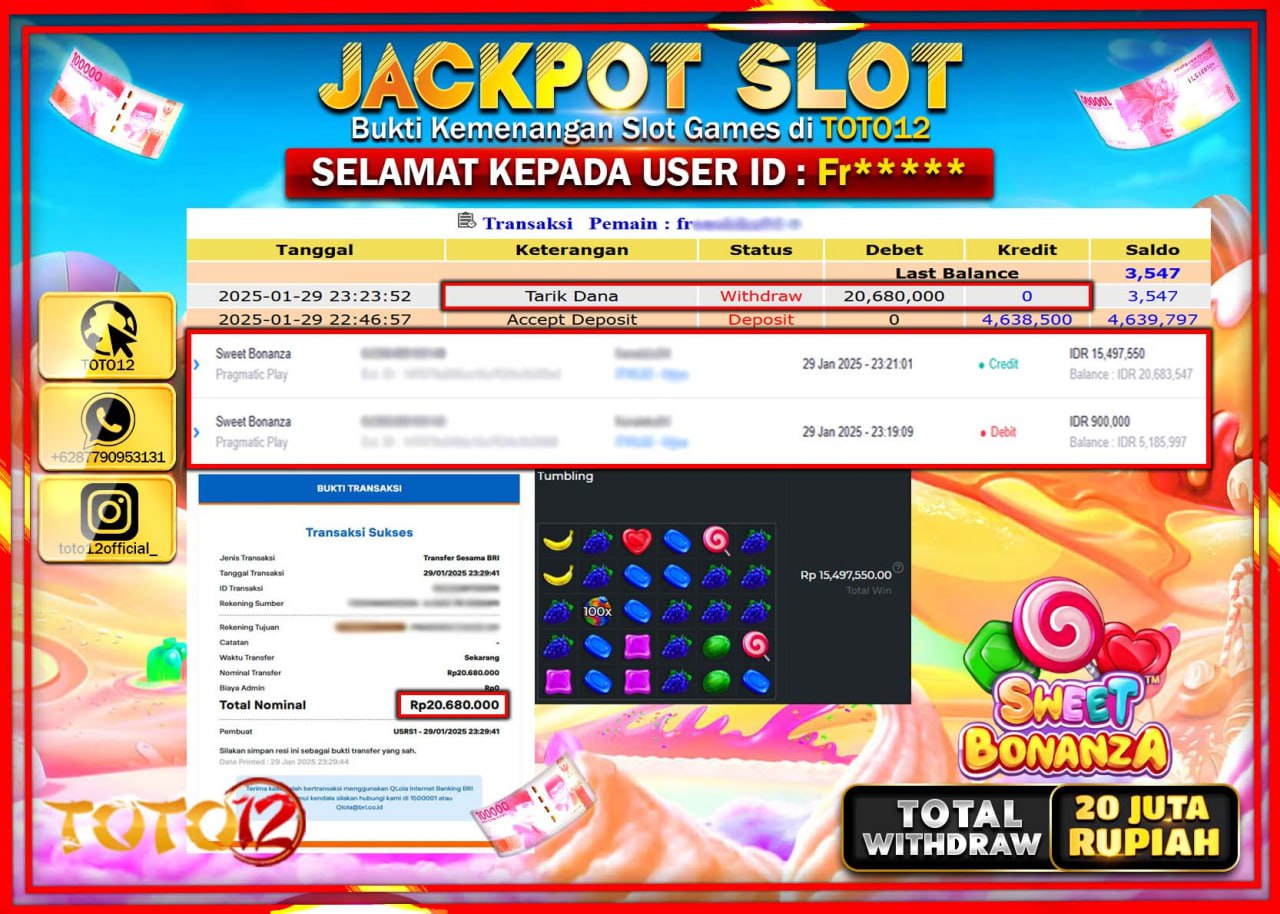 HANYA DI TOTO12 JP PASTI DI BAYAR LUNAS DAN CEPAT!!!!!! JACKPOT SLOT GAME (SWEET BONANZA) Rp.20.000.000 !!!!