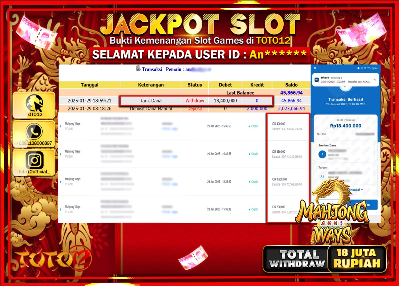 HANYA DI TOTO12 JP PASTI DI BAYAR LUNAS DAN CEPAT!!!!!! JACKPOT SLOT GAME (MAHJONG WAYS) Rp.18.000.000 !!!!