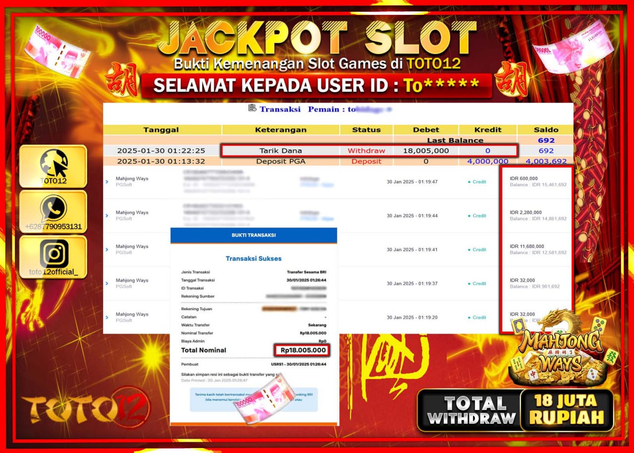 HANYA DI TOTO12 JP PASTI DI BAYAR LUNAS DAN CEPAT!!!!!! JACKPOT SLOT GAME (MAHJONG WAYS) Rp.18.000.000 !!!!
