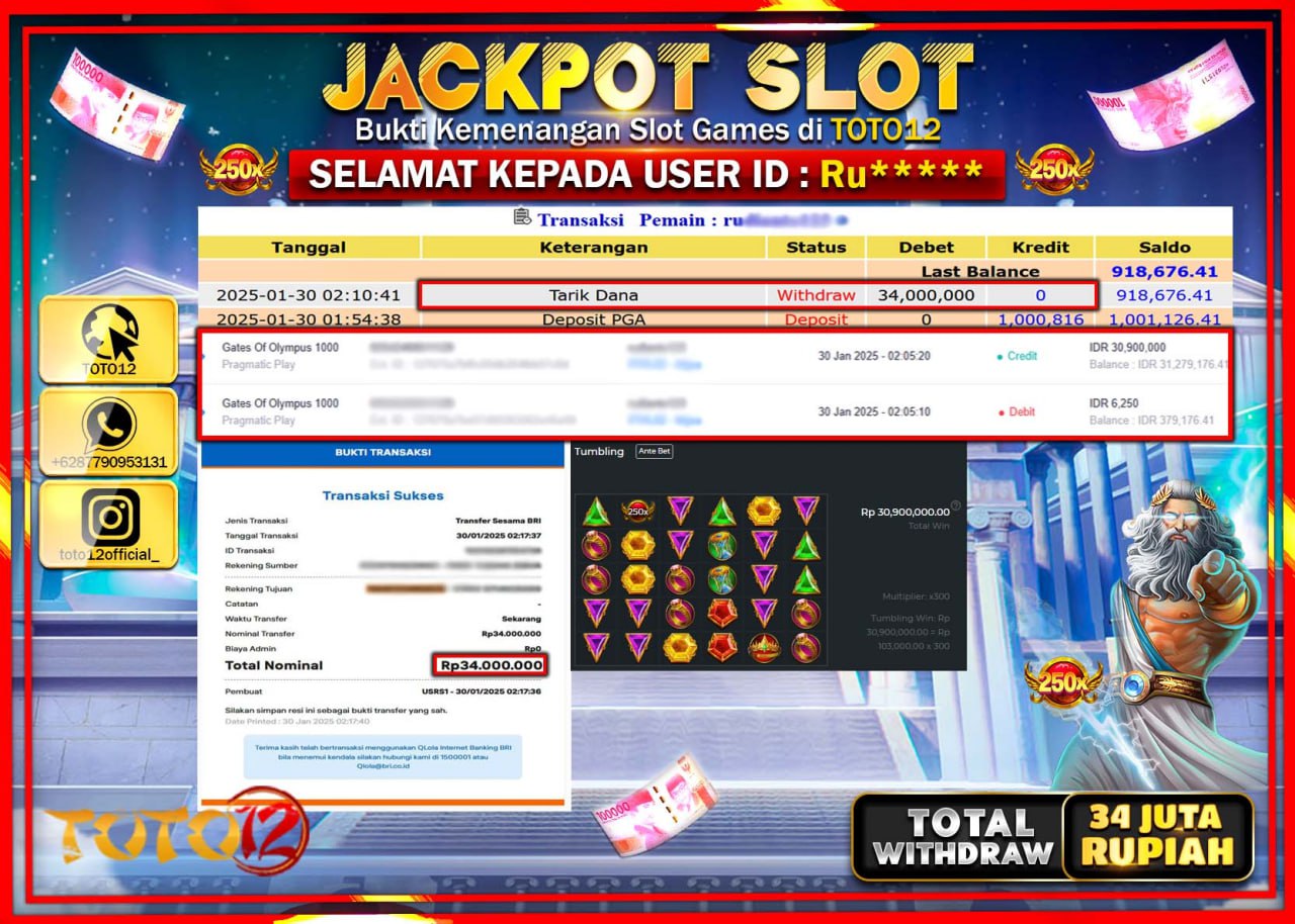 HANYA DI TOTO12 JP PASTI DI BAYAR LUNAS DAN CEPAT!!!!!! JACKPOT SLOT GAME (GATES OF OLYMPUS 1000) Rp.34.000.000 !!!!