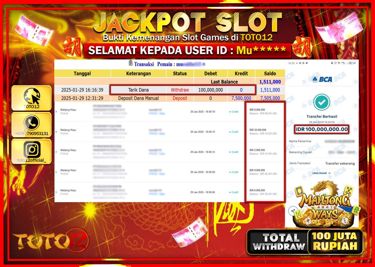 HANYA DI TOTO12 JP PASTI DI BAYAR LUNAS DAN CEPAT!!!!!! JACKPOT SLOT GAME (MAHJONG WAYS) Rp.100.000.000 !!!!