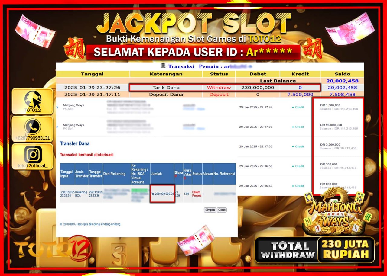HANYA DI TOTO12 JP PASTI DI BAYAR LUNAS DAN CEPAT!!!!!! JACKPOT SLOT GAME (MAHJONG WAYS) Rp.230.000.000 !!!!