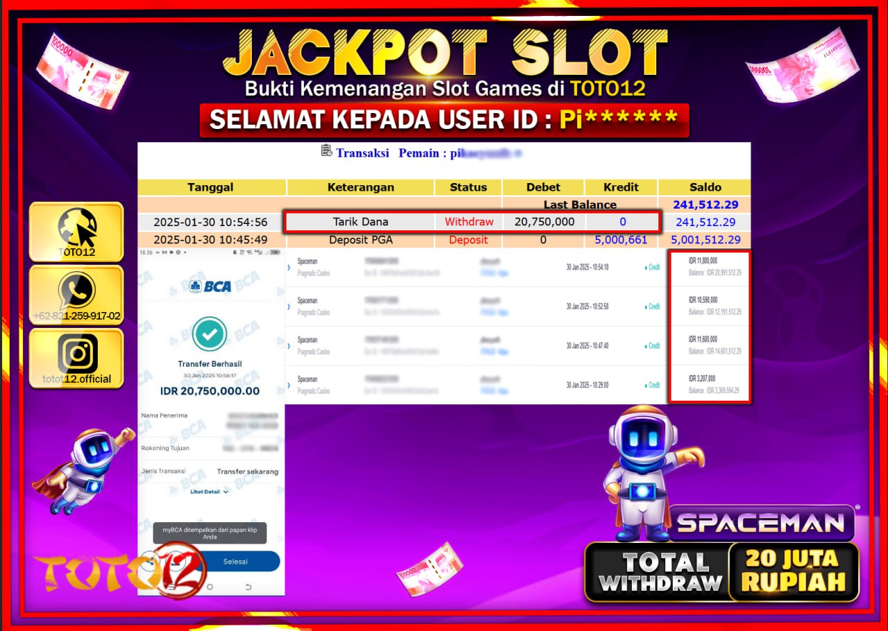 HANYA DI TOTO12 JP PASTI DI BAYAR LUNAS DAN CEPAT!!!!!! JACKPOT SLOT GAME (SPACEMAN) Rp.20.000.000 !!!!