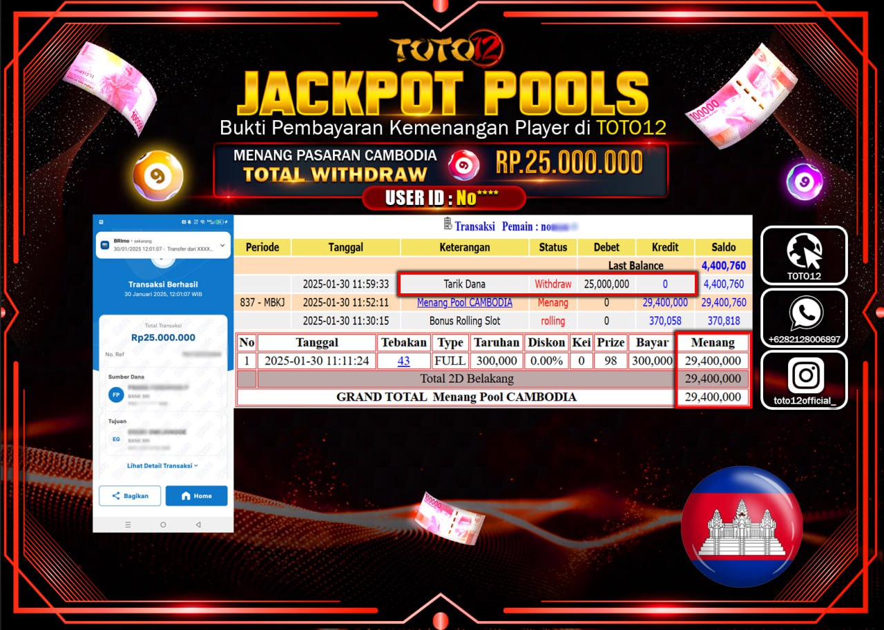 HANYA DI TOTO12 JP PASTI DI BAYAR LUNAS DAN CEPAT!!!!!! JACKPOT POOLS PASARAN (CAMBODIA) Rp.25.000.000 !!!!