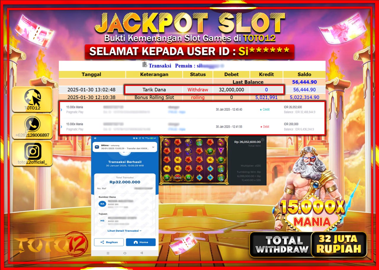 HANYA DI TOTO12 JP PASTI DI BAYAR LUNAS DAN CEPAT!!!!!! JACKPOT SLOT GAME (15.000X MANIA) Rp.32.000.000 !!!!
