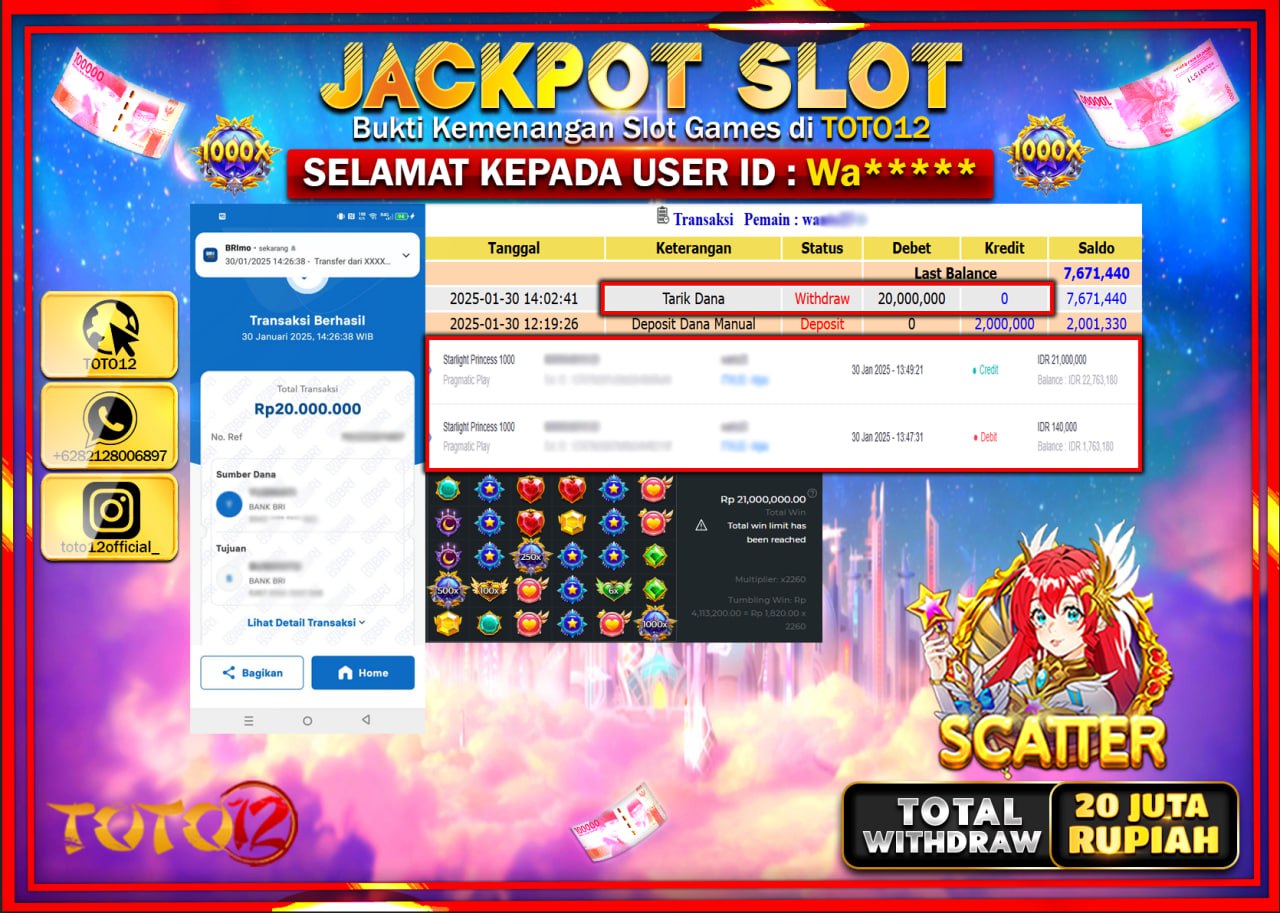 HANYA DI TOTO12 JP PASTI DI BAYAR LUNAS DAN CEPAT!!!!!! JACKPOT SLOT GAME (STARLIGHT PRINCESS 1000) Rp.20.000.000 !!!!