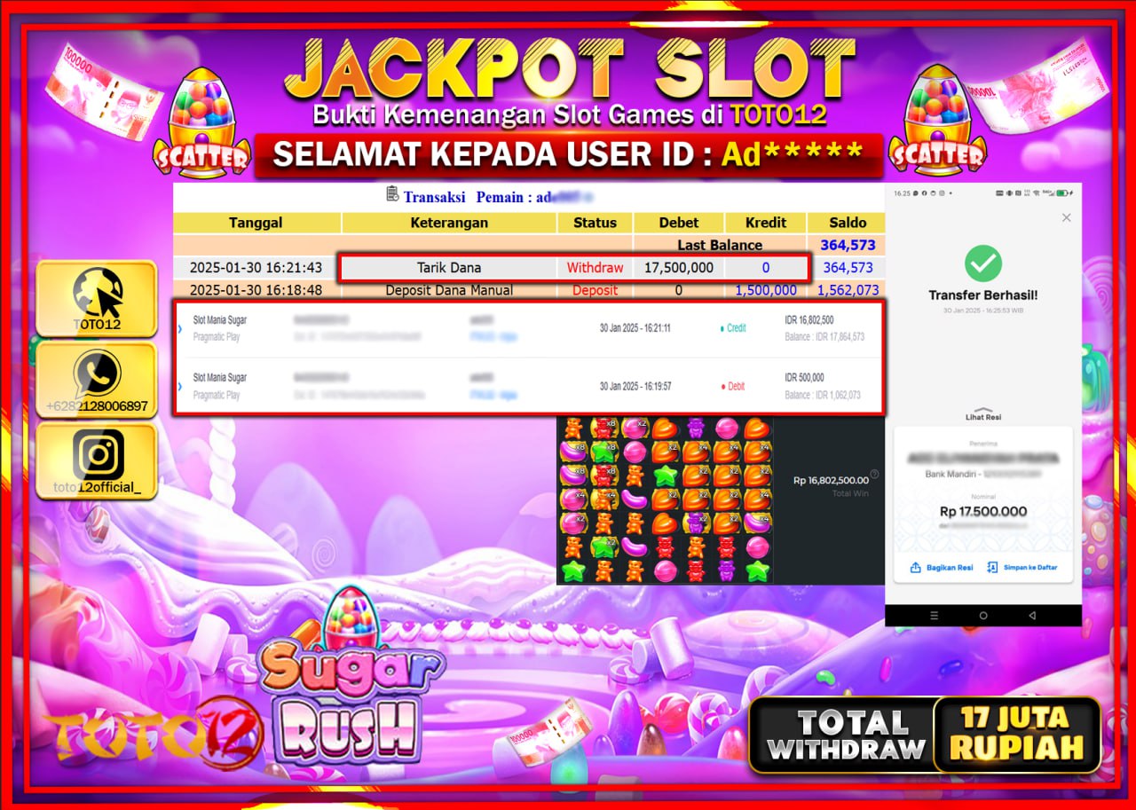 HANYA DI TOTO12 JP PASTI DI BAYAR LUNAS DAN CEPAT!!!!!! JACKPOT SLOT GAME (SLOT MANIA SUGAR) Rp.17.000.000 !!!!