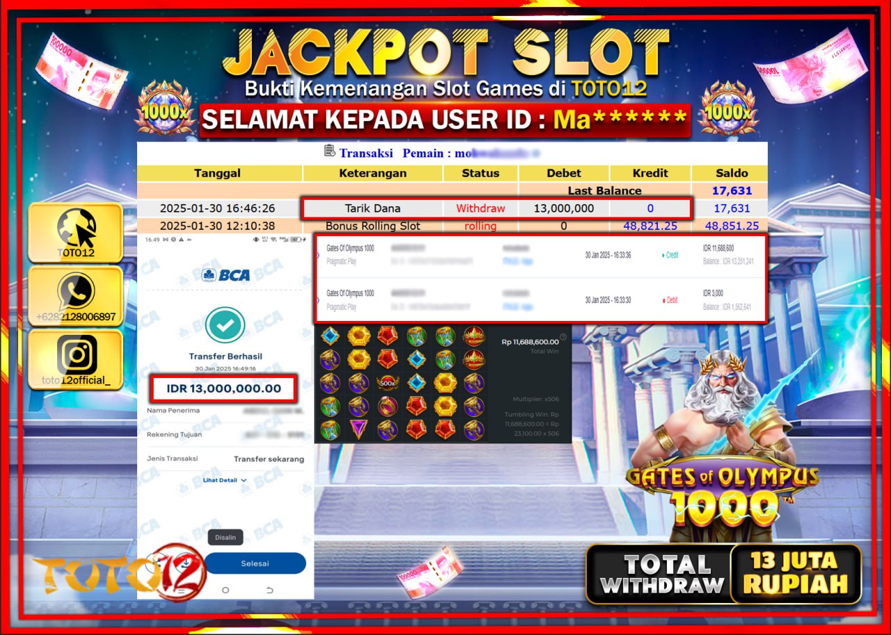 HANYA DI TOTO12 JP PASTI DI BAYAR LUNAS DAN CEPAT!!!!!! JACKPOT SLOT GAME (GATES OF OLYMPUS 1000) Rp.13.000.000 !!!!