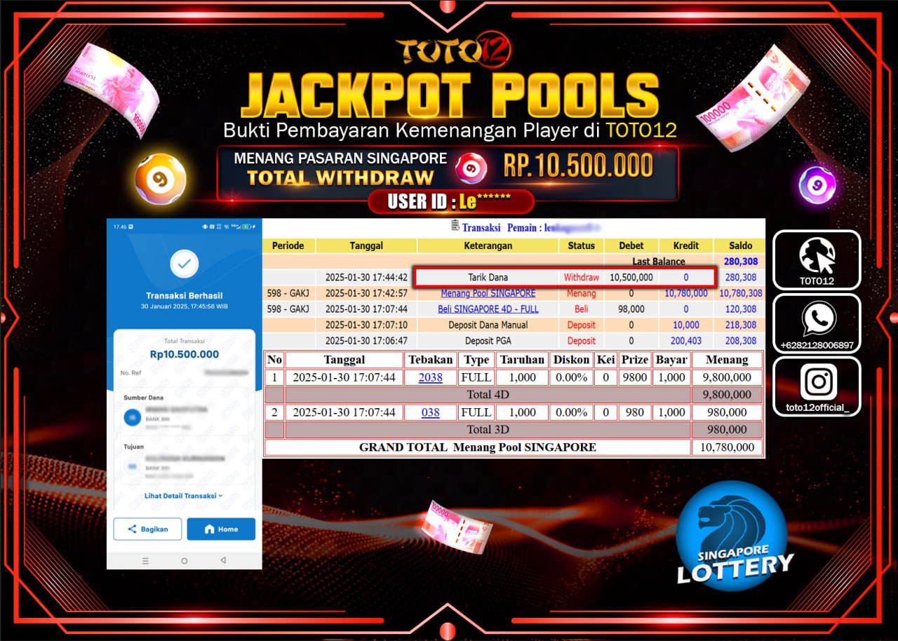 HANYA DI TOTO12 JP PASTI DI BAYAR LUNAS DAN CEPAT!!!!!! JACKPOT POOLS PASARAN (SINGAPORE) Rp.10.500.000 !!!!