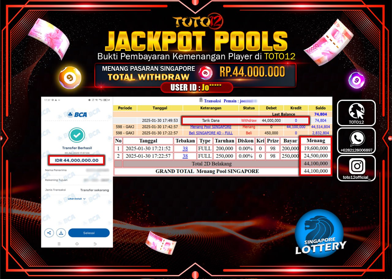 HANYA DI TOTO12 JP PASTI DI BAYAR LUNAS DAN CEPAT!!!!!! JACKPOT POOLS PASARAN (SINGAPORE) Rp.44.000.000 !!!!