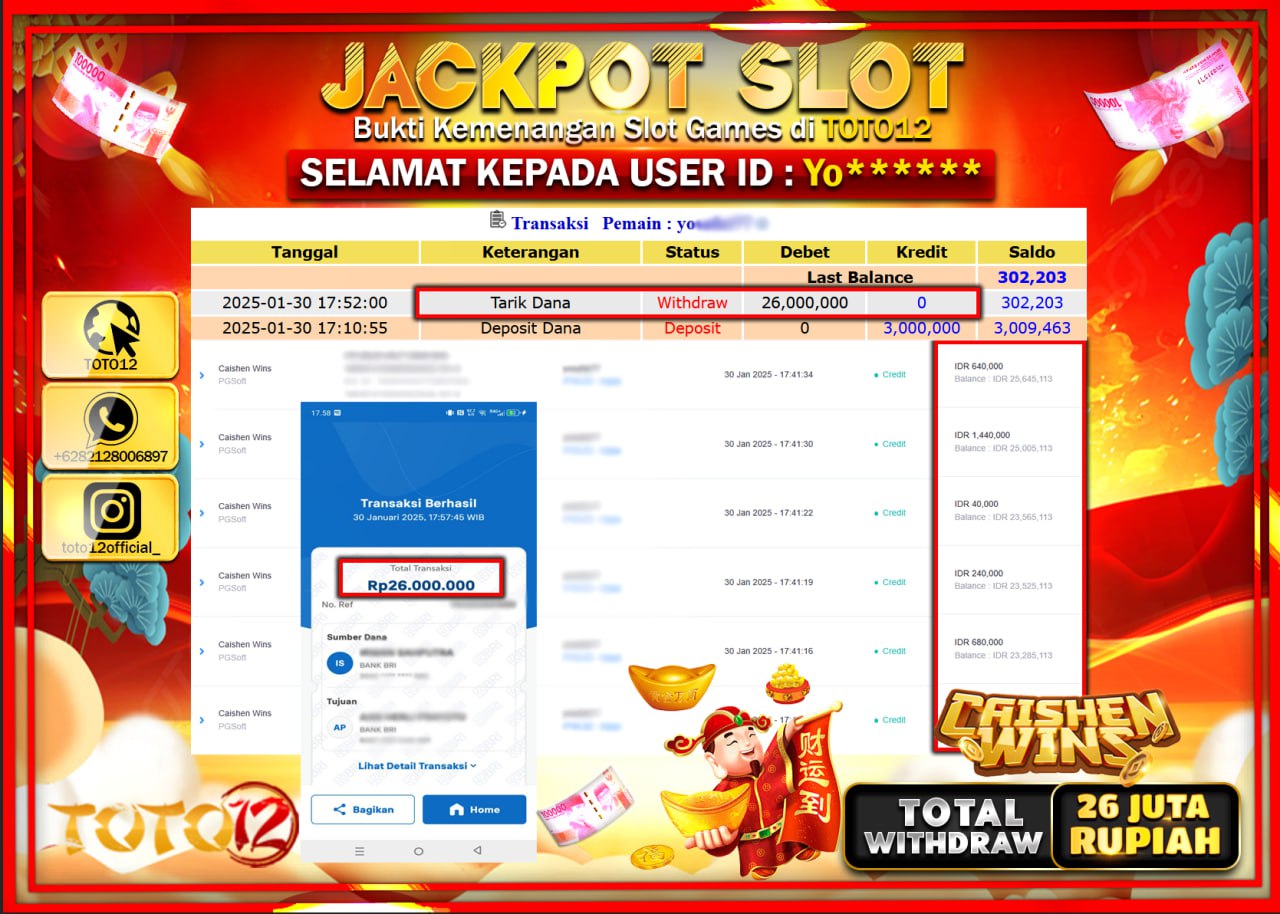 HANYA DI TOTO12 JP PASTI DI BAYAR LUNAS DAN CEPAT!!!!!! JACKPOT SLOT GAME (CAISHEN WINS) Rp.26.000.000 !!!!