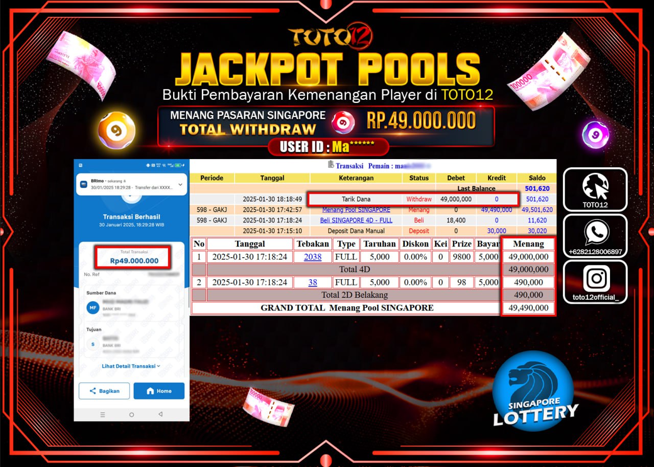 HANYA DI TOTO12 JP PASTI DI BAYAR LUNAS DAN CEPAT!!!!!! JACKPOT POOLS PASARAN (SINGAPORE) Rp.49.000.000 !!!!