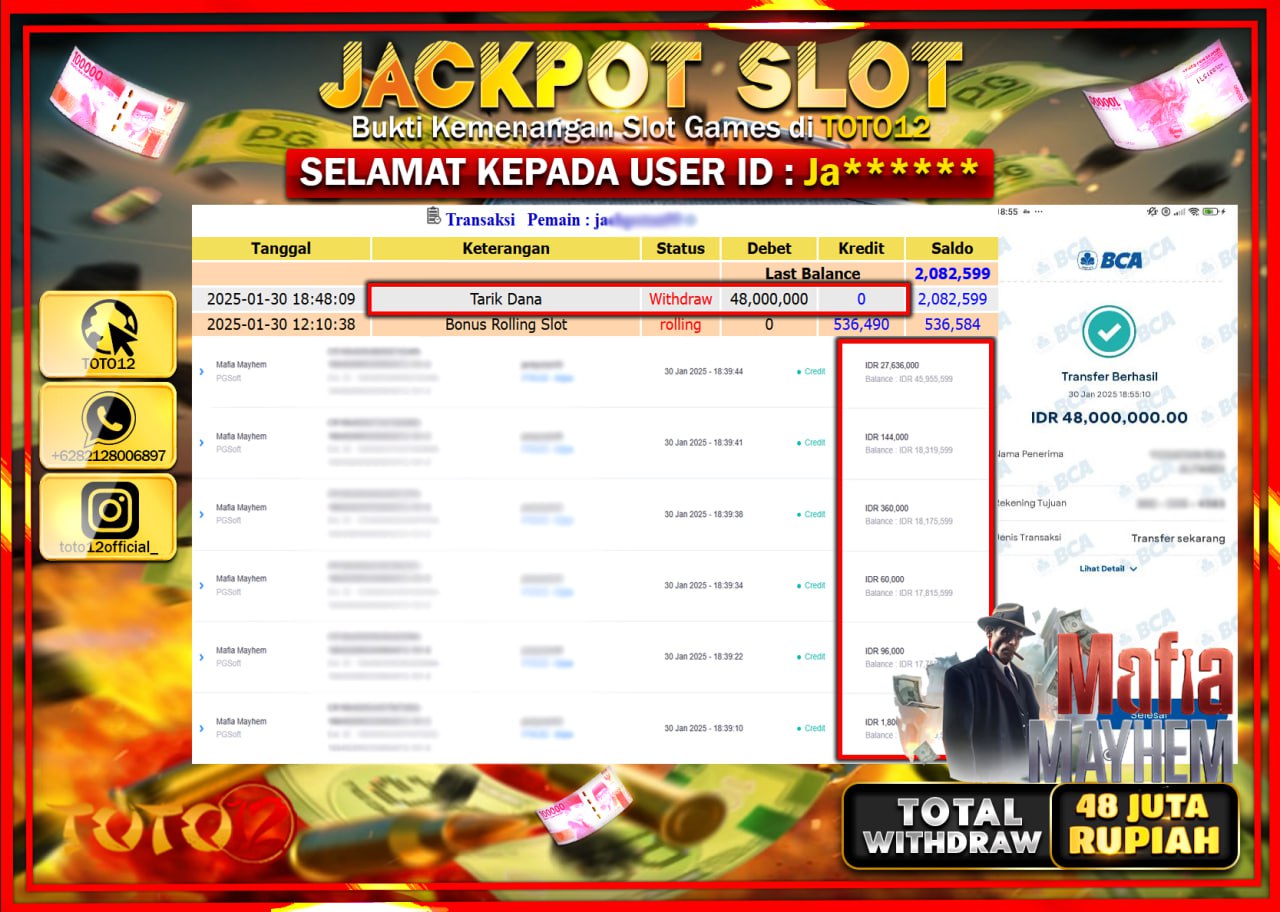 HANYA DI TOTO12 JP PASTI DI BAYAR LUNAS DAN CEPAT!!!!!! JACKPOT SLOT GAME (MAFIA MAYHEM) Rp.48.000.000 !!!!