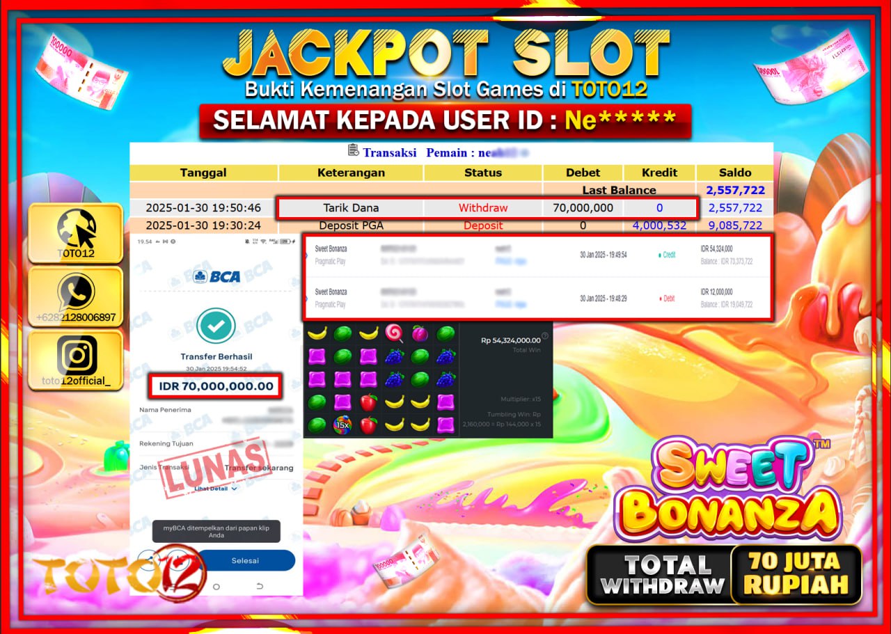 HANYA DI TOTO12 JP PASTI DI BAYAR LUNAS DAN CEPAT!!!!!! JACKPOT SLOT GAME (SWEET BONANZA) Rp.70.000.000 !!!!