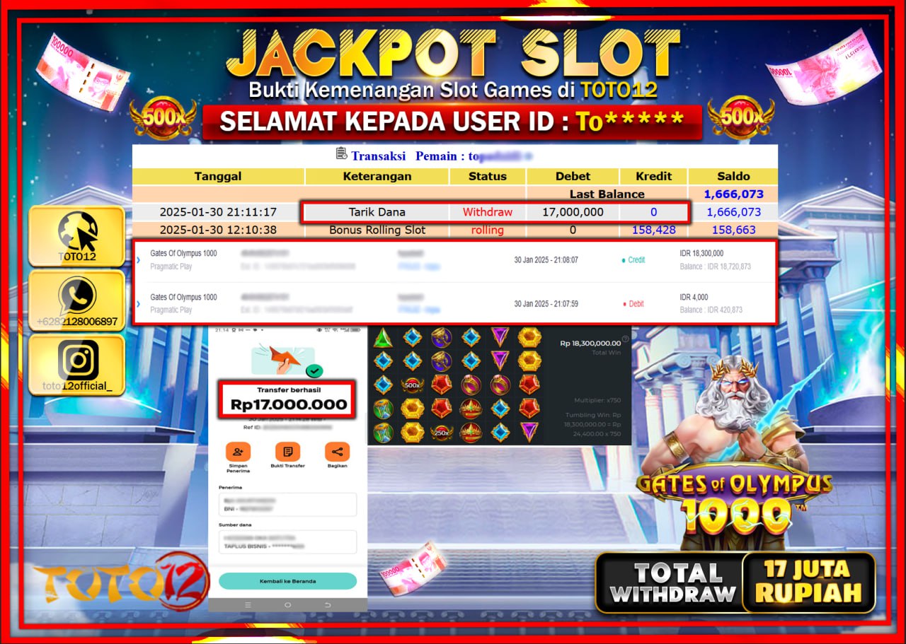 HANYA DI TOTO12 JP PASTI DI BAYAR LUNAS DAN CEPAT!!!!!! JACKPOT SLOT GAME (GATES OF OLYMPUS 1000) Rp.17.000.000 !!!!