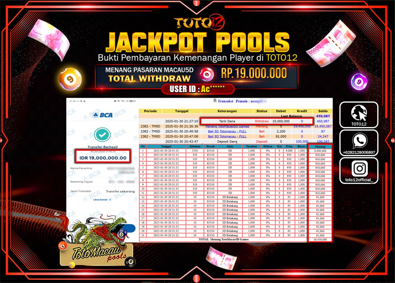 HANYA DI TOTO12 JP PASTI DI BAYAR LUNAS DAN CEPAT!!!!!! JACKPOT POOLS PASARAN (TOTO MACAU) Rp.19.000.000 !!!!