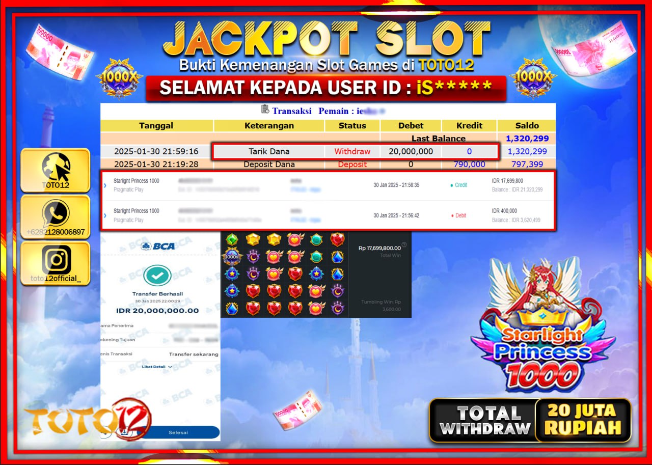 HANYA DI TOTO12 JP PASTI DI BAYAR LUNAS DAN CEPAT!!!!!! JACKPOT SLOT GAME (STARLIGHT PRINCESS 1000) Rp.20.000.000 !!!!