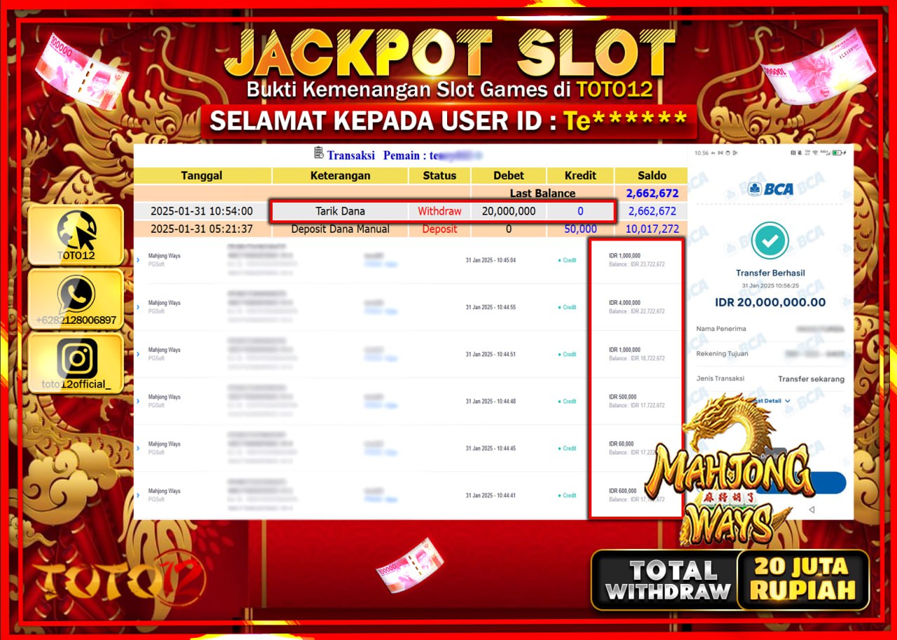 HANYA DI TOTO12 JP PASTI DI BAYAR LUNAS DAN CEPAT!!!!!! JACKPOT SLOT GAME (MAHJONG WAYS) Rp.20.000.000 !!!!