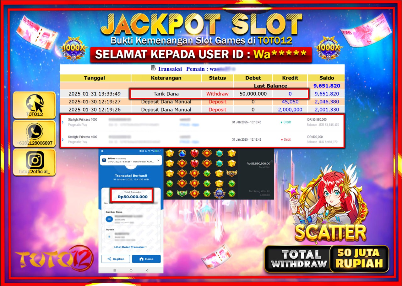 HANYA DI TOTO12 JP PASTI DI BAYAR LUNAS DAN CEPAT!!!!!! JACKPOT SLOT GAME (STARLIGHT PRINCESS 1000) Rp.50.000.000 !!!!