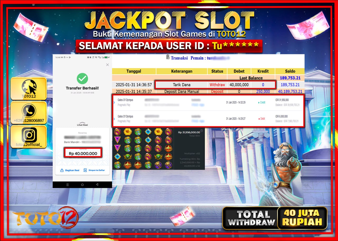 HANYA DI TOTO12 JP PASTI DI BAYAR LUNAS DAN CEPAT!!!!!! JACKPOT SLOT GAME (GATES OF OLYMPUS) Rp.40.000.000 !!!!