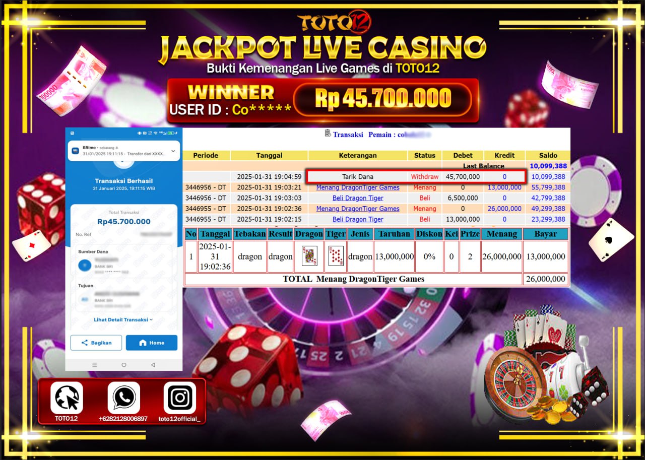 HANYA DI TOTO12 JP PASTI DI BAYAR LUNAS DAN CEPAT!!!!!! JACKPOT LIVE GAMES CASINO (DRAGON TIGER) Rp.45.700.000 !!!!