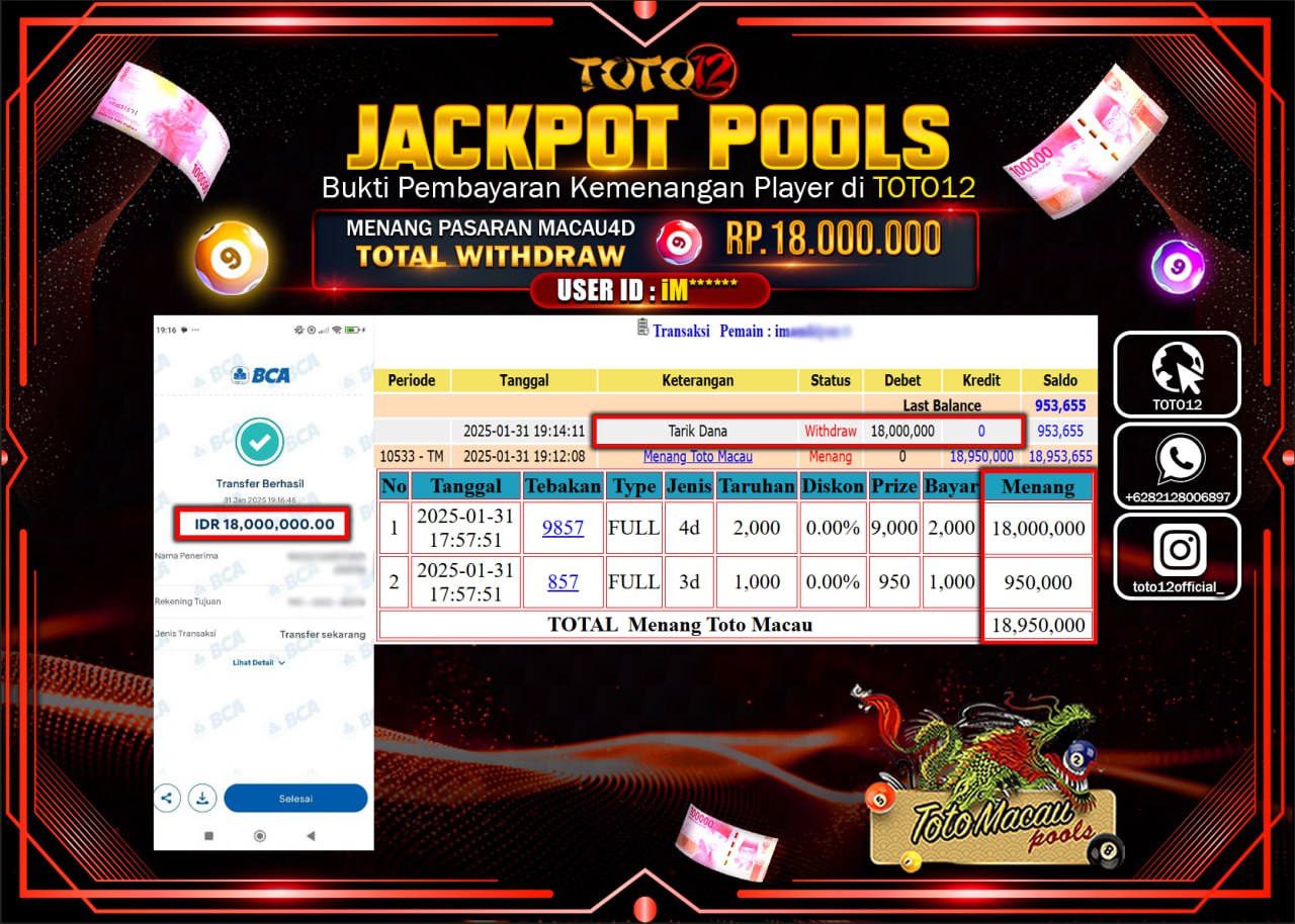 HANYA DI TOTO12 JP PASTI DI BAYAR LUNAS DAN CEPAT!!!!!! JACKPOT POOLS PASARAN (TOTO MACAU) Rp.18.000.000 !!!!