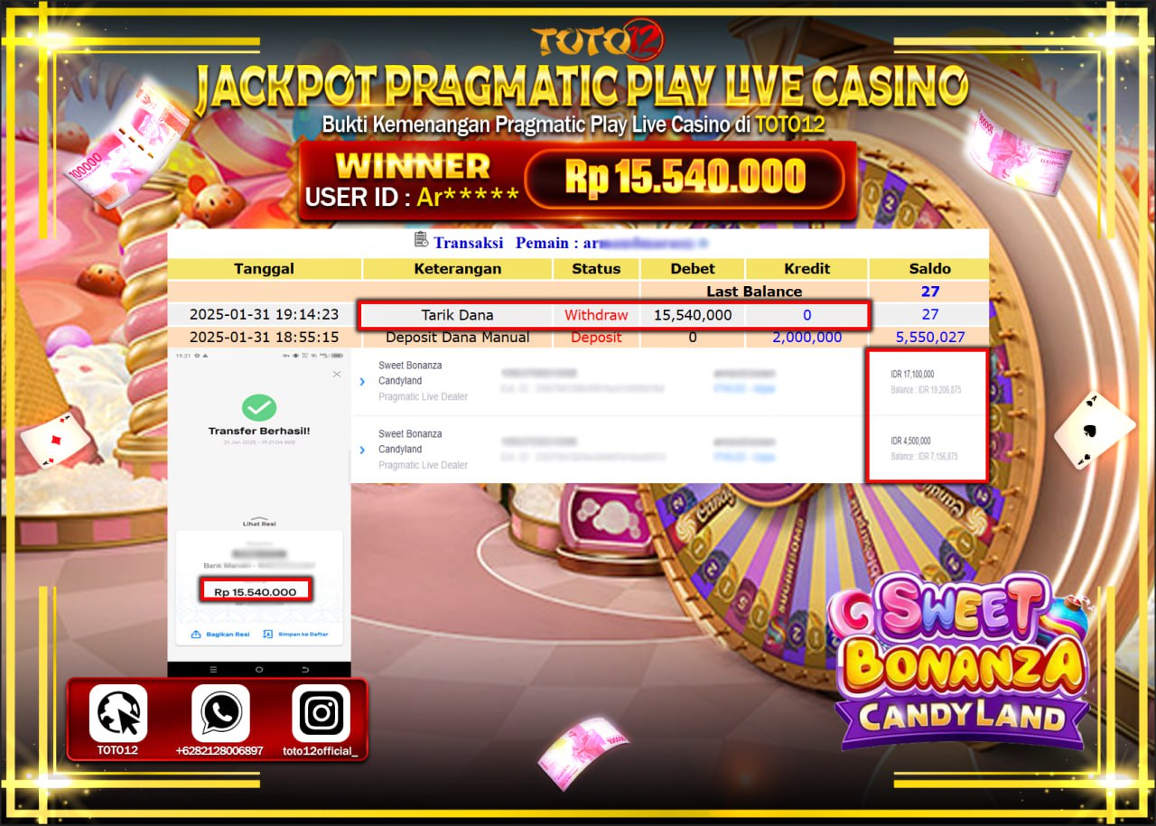 HANYA DI TOTO12 JP PASTI DI BAYAR LUNAS DAN CEPAT!!!!!! JACKPOT PRAGMATIC PLAY LIVE CASINO (SWEET BONANZA CANDY LAND) Rp.15.540.000 !!!!