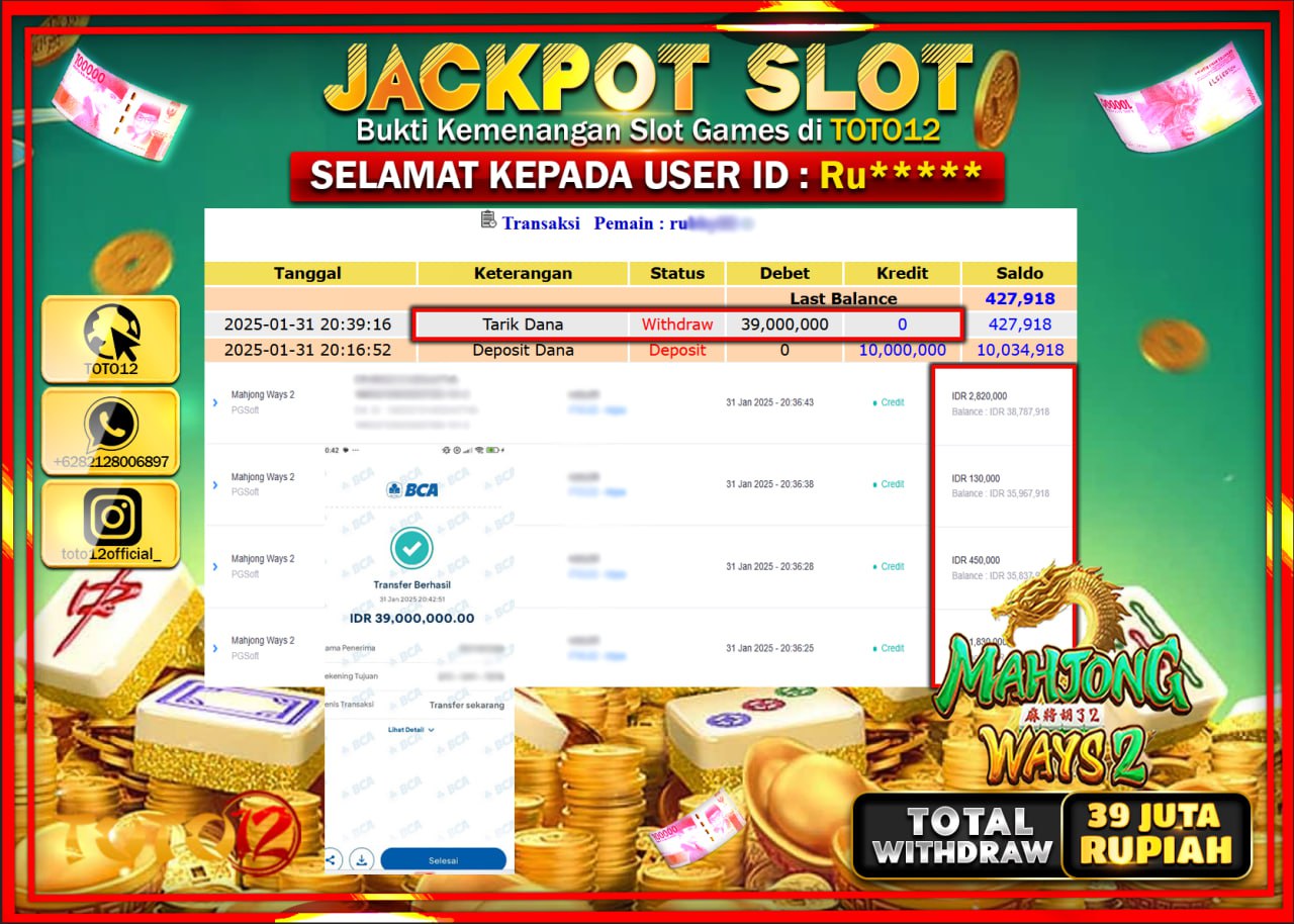 HANYA DI TOTO12 JP PASTI DI BAYAR LUNAS DAN CEPAT!!!!!! JACKPOT SLOT GAME (MAHJONG WAYS 2) Rp.39.000.000 !!!!