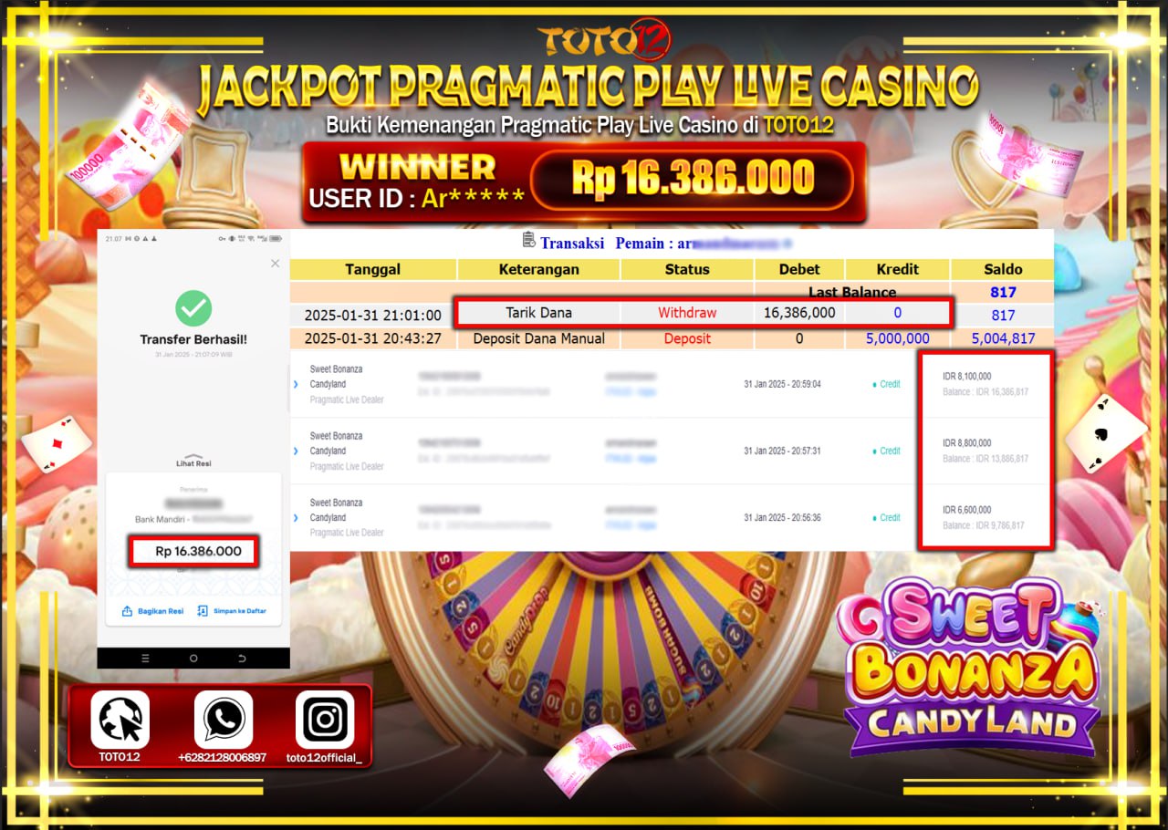HANYA DI TOTO12 JP PASTI DI BAYAR LUNAS DAN CEPAT!!!!!! JACKPOT PRAGMATIC PLAY LIVE CASINO (SWEET BONANZA CANDY LAND) Rp.16.386.000 !!!!