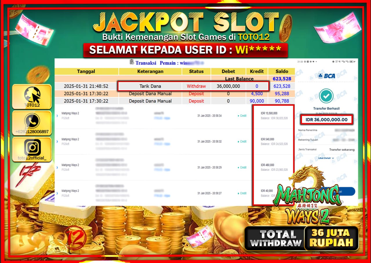 HANYA DI TOTO12 JP PASTI DI BAYAR LUNAS DAN CEPAT!!!!!! JACKPOT SLOT GAME (MAHJONG WAYS 2) Rp.36.000.000 !!!!