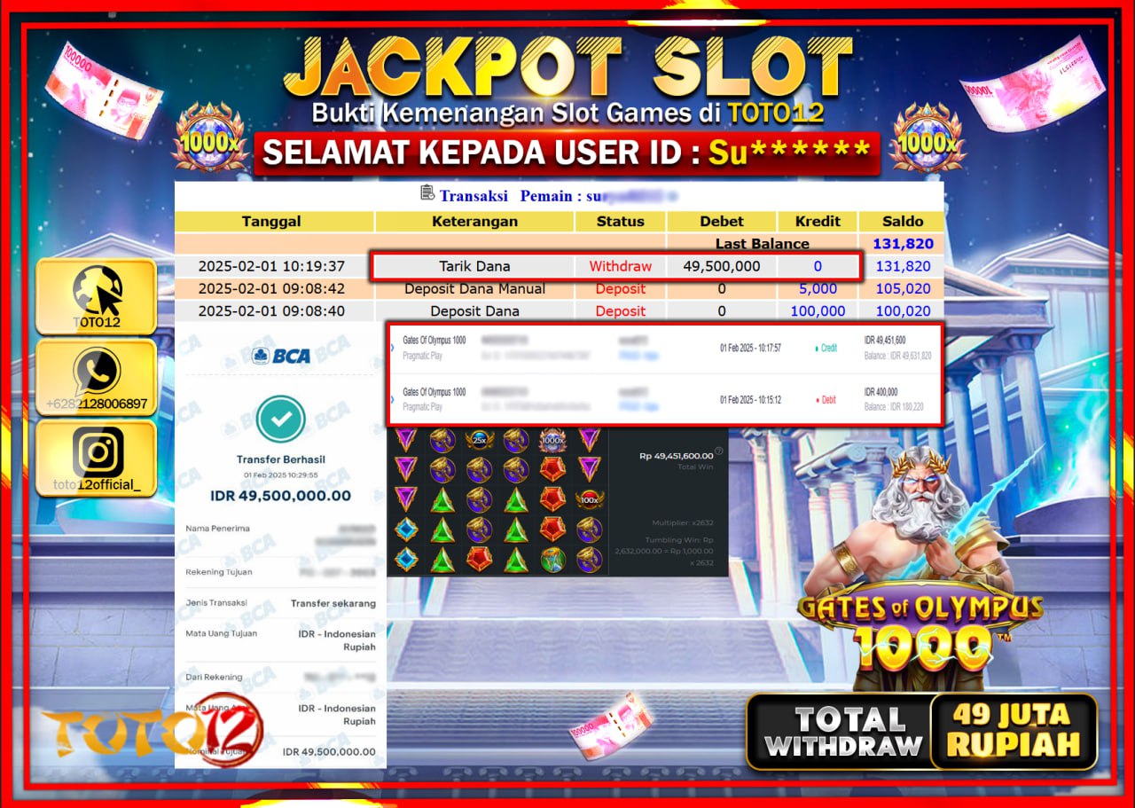 HANYA DI TOTO12 JP PASTI DI BAYAR LUNAS DAN CEPAT!!!!!! JACKPOT SLOT GAME (GATES OF OLYMPUS 1000) Rp.49.500.000 !!!!