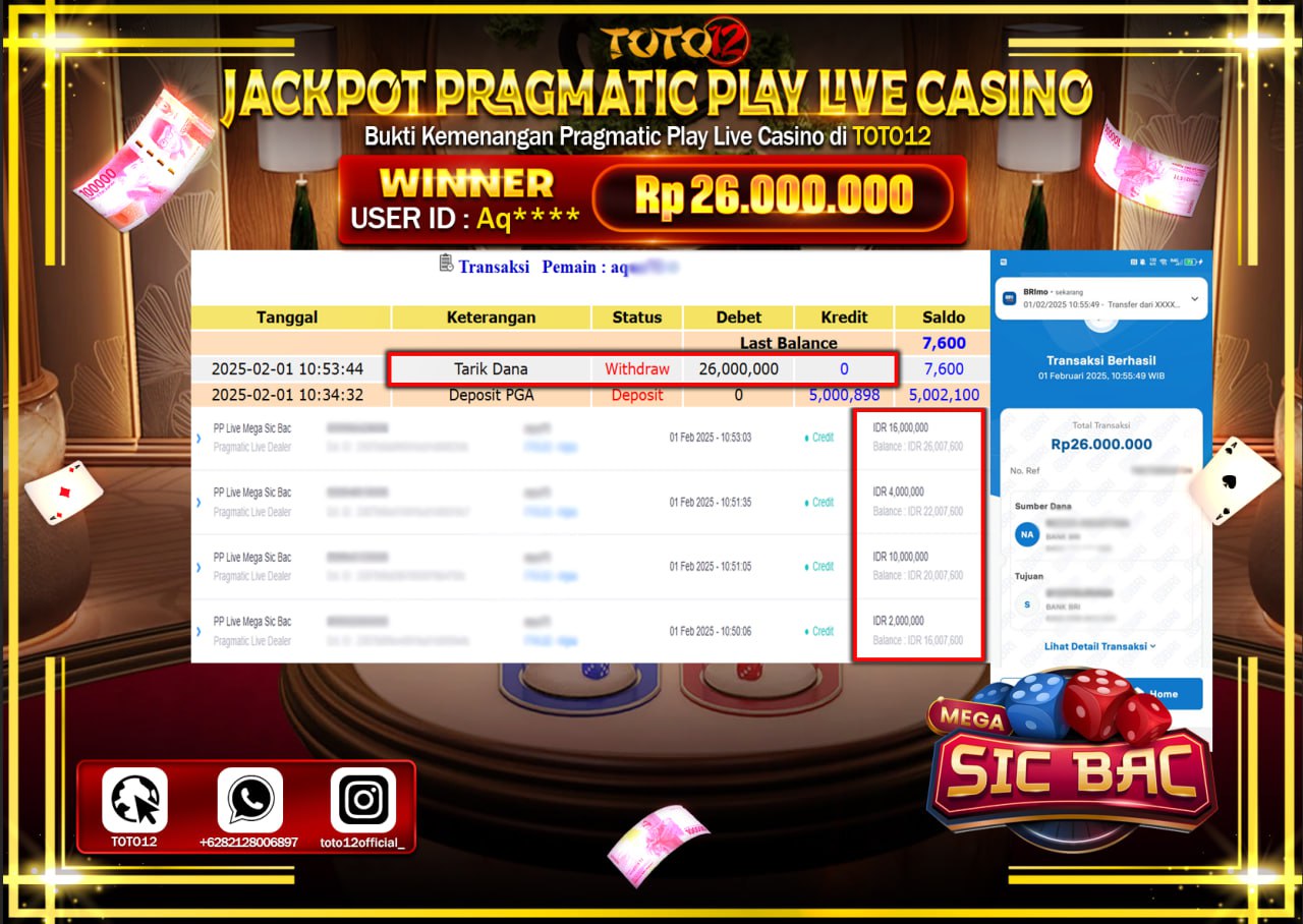 HANYA DI TOTO12 JP PASTI DI BAYAR LUNAS DAN CEPAT!!!!!! JACKPOT PRAGMATIC PLAY LIVE CASINO (MEGA SIC BAC) Rp.26.000.000 !!!!