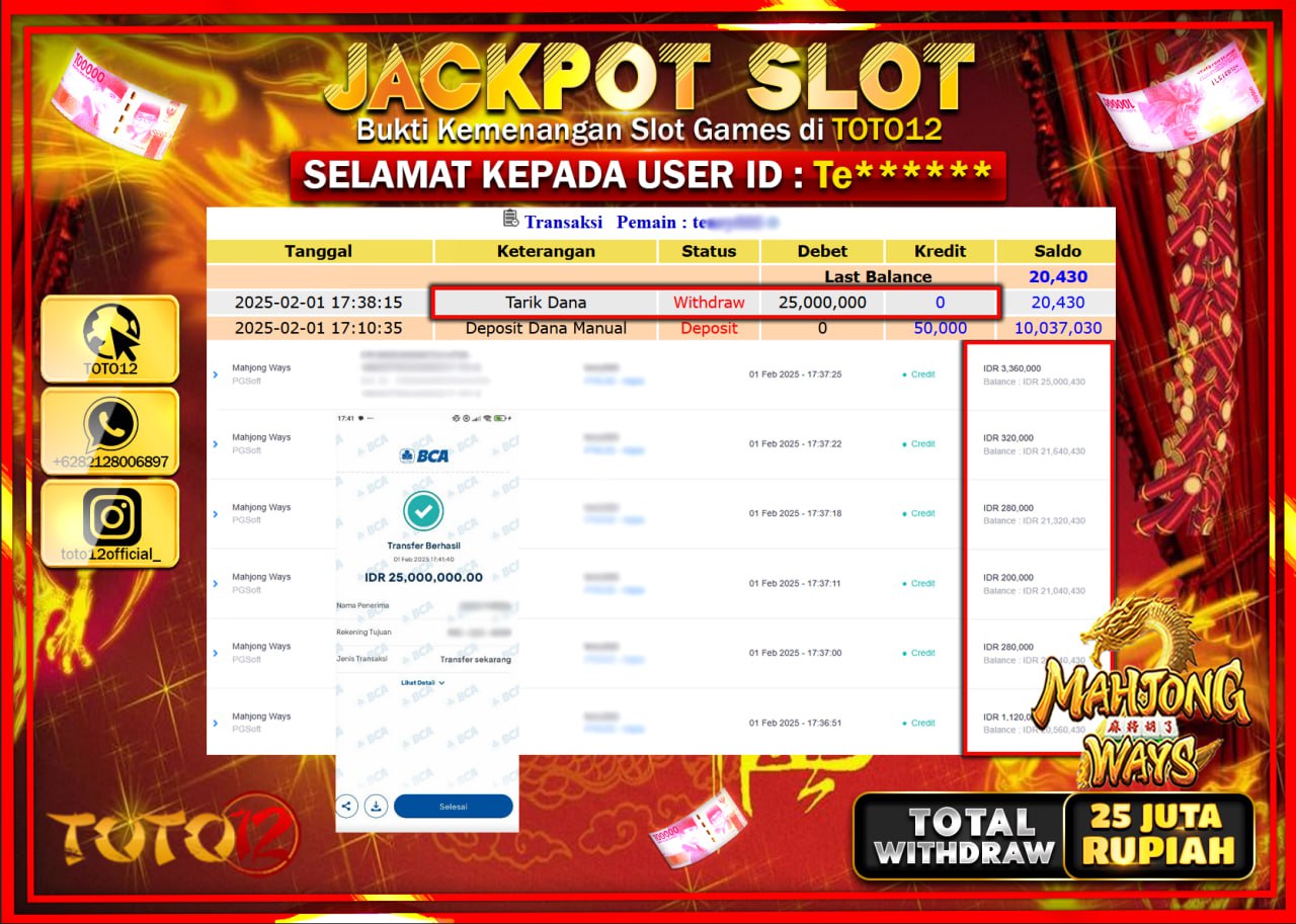 HANYA DI TOTO12 JP PASTI DI BAYAR LUNAS DAN CEPAT!!!!!! JACKPOT SLOT GAME (MAHJONG WAYS) Rp.25.000.000 !!!!