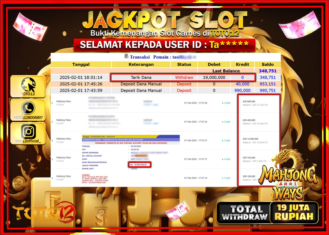 HANYA DI TOTO12 JP PASTI DI BAYAR LUNAS DAN CEPAT!!!!!! JACKPOT SLOT GAME (MAHJONG WAYS) Rp.19.000.000 !!!!