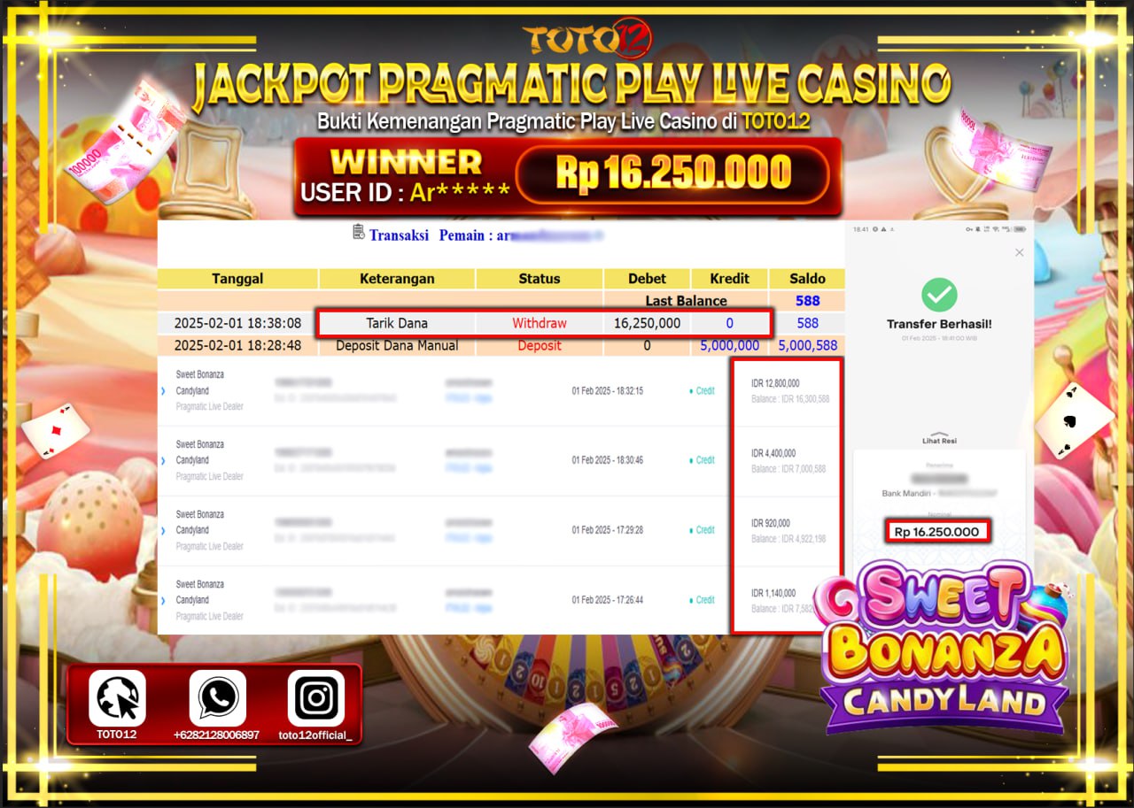 HANYA DI TOTO12 JP PASTI DI BAYAR LUNAS DAN CEPAT!!!!!! JACKPOT PRAGMATIC PLAY LIVE CASINO (SWEET BONANZA CANDY LAND) Rp.16.250.000 !!!!