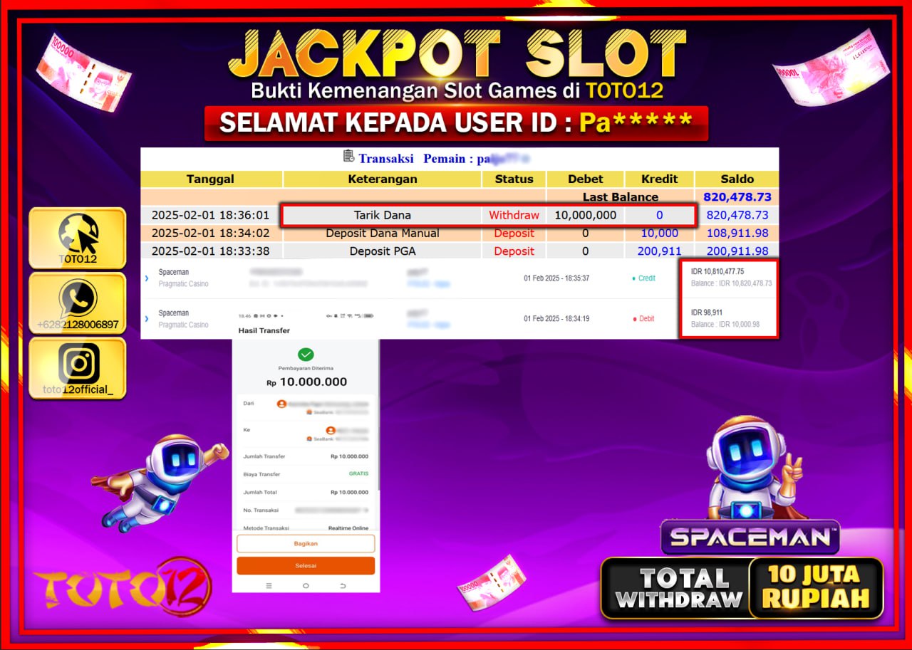 HANYA DI TOTO12 JP PASTI DI BAYAR LUNAS DAN CEPAT!!!!!! JACKPOT SLOT GAME (SPACEMAN) Rp.10.000.000 !!!!