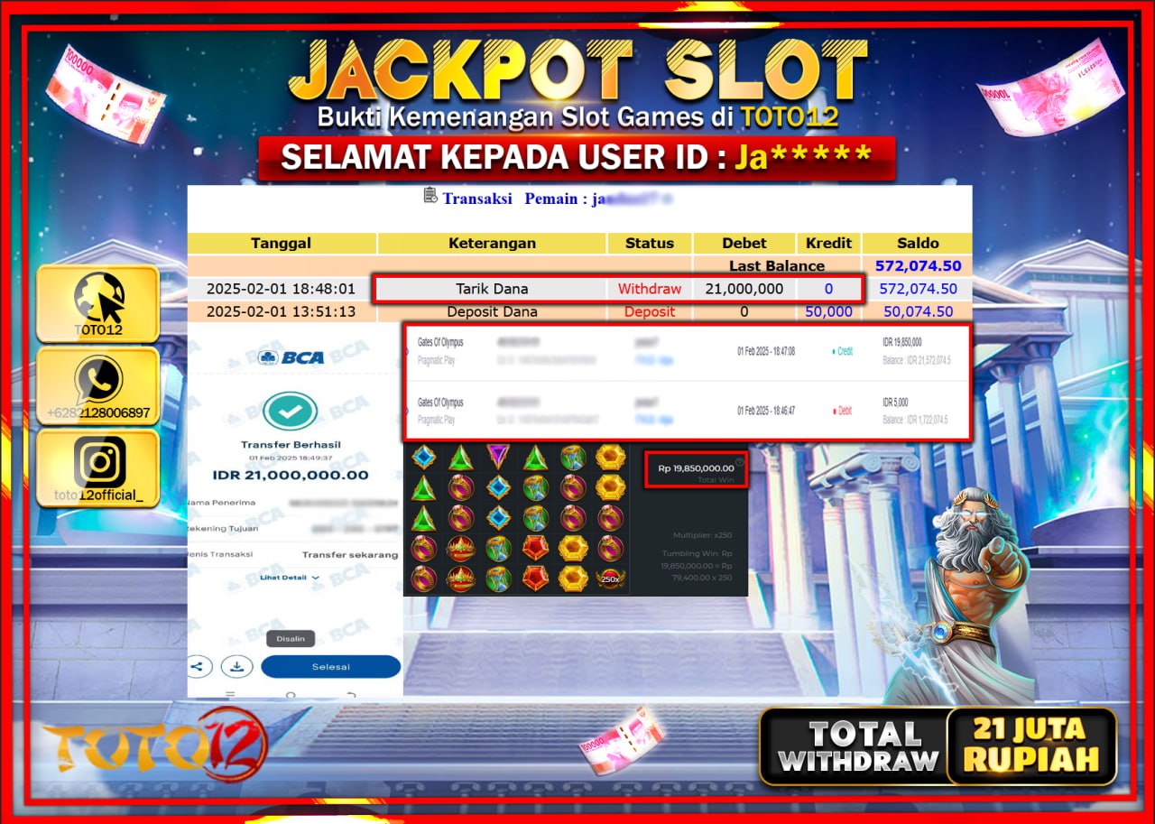 HANYA DI TOTO12 JP PASTI DI BAYAR LUNAS DAN CEPAT!!!!!! JACKPOT SLOT GAME (GATES OF OLYMPUS) Rp.21.000.000 !!!!
