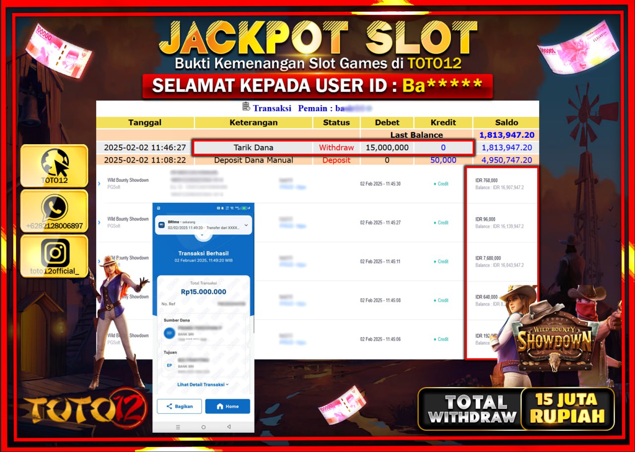 HANYA DI TOTO12 JP PASTI DI BAYAR LUNAS DAN CEPAT!!!!!! JACKPOT SLOT GAME (WILD BOUNTY SHOWDOWN) Rp.15.000.000 !!!!