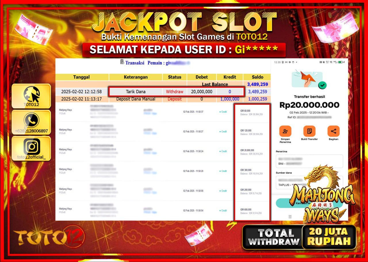 HANYA DI TOTO12 JP PASTI DI BAYAR LUNAS DAN CEPAT!!!!!! JACKPOT SLOT GAME (MAHJONG WAYS) Rp.20.000.000 !!!!