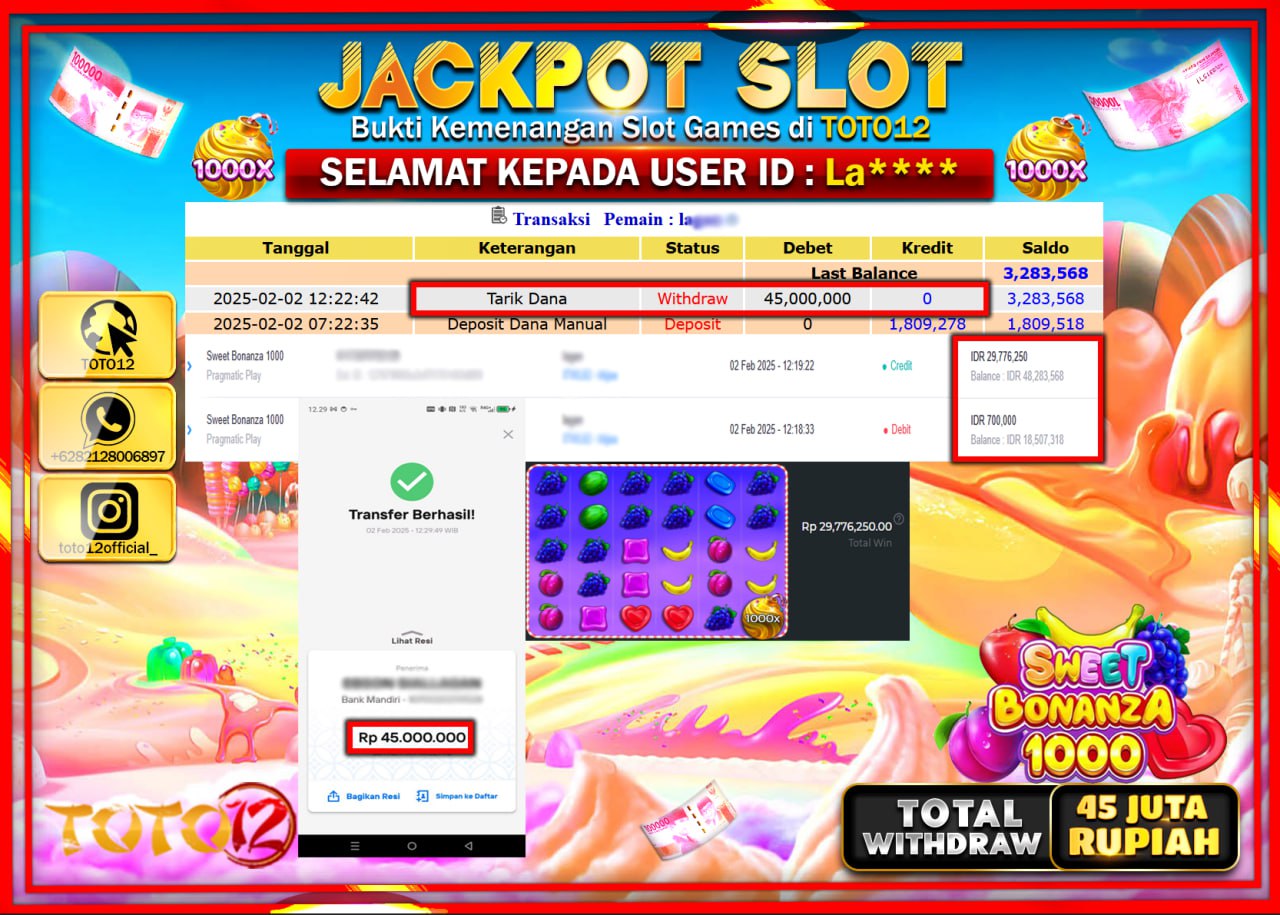 HANYA DI TOTO12 JP PASTI DI BAYAR LUNAS DAN CEPAT!!!!!! JACKPOT SLOT GAME (SWEET BONANZA 1000) Rp.45.000.000 !!!!